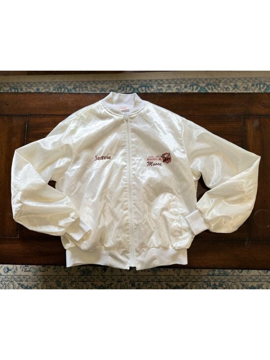Jackets & Blazers - Vintage White Satin Moose Lodge Varsity Jacket Jeannie Embroidery Full Zip Large